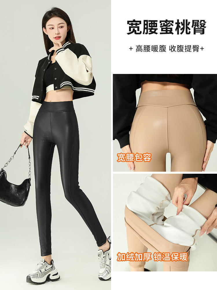 Leather Pants Women's Tight 2024 New High Waist Thin Cropped Pants fleece-lined Leather Matte Leggings Outer Wear Long Pants