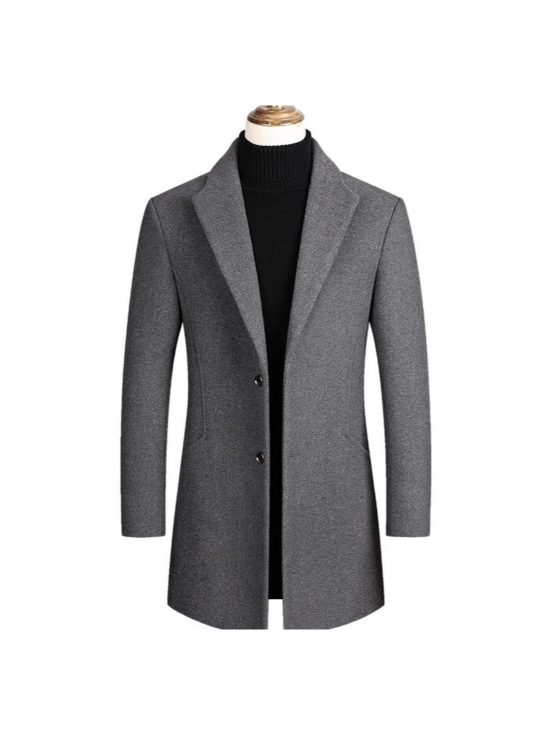 2025 Autumn and Winter Men's Mid-Length Pure Color Woolen Windbreaker European and American Casual Large Size Woolen Jacket Fashionable Men's Clothing