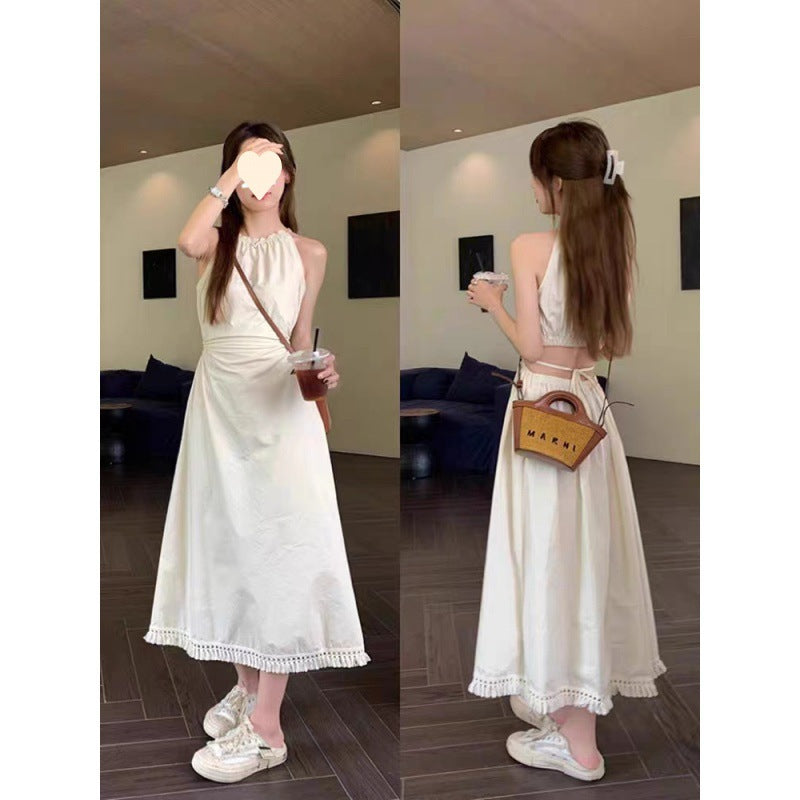 Designed Cut Out Waistless Halterneck Suspender Dress for Women Summer Lace-Up Waist Slimming Holiday Style Tassel Mid-Length Skirt