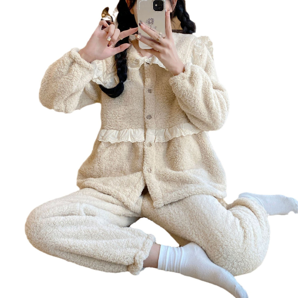 Pajamas Women's Lamb Velvet Autumn and Winter Neck Warm Coral Velvet Sweet Large Lapel Thickened Lace Home Clothes