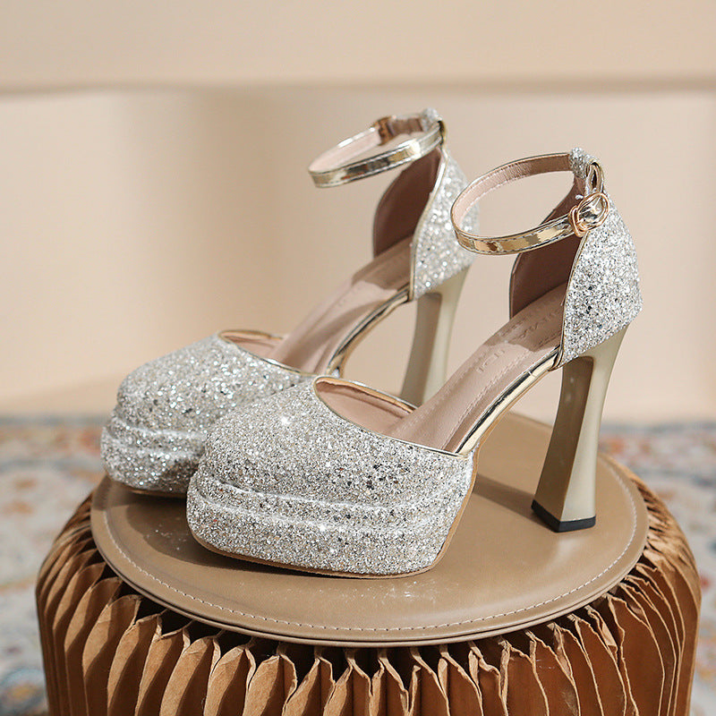2025 New Super High Heel Waterproof Platform Sequin Sandals girls Ankle Strap Thick Heel Thick Sole Catwalk Performance Shoes Wedding Shoes