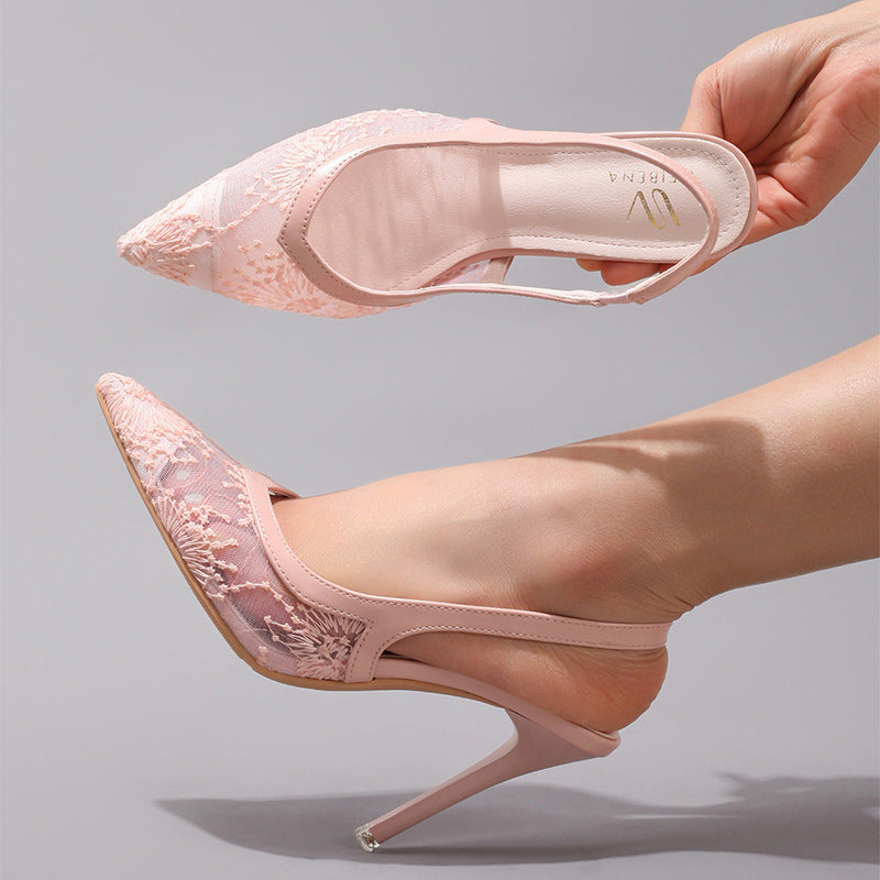 Fashion Lace Stitching High Heels Women's Summer Elegant Sexy Pointed Banquet Wedding Stiletto Sandals Cross-border Special