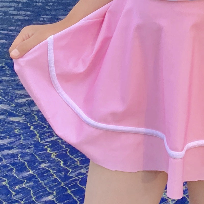 Children's Swimsuit for Girls, One-Piece Skirt-Style Swimwear for Older Children, Student Girls' Hot Spring Swimsuit, Floral Little Princess