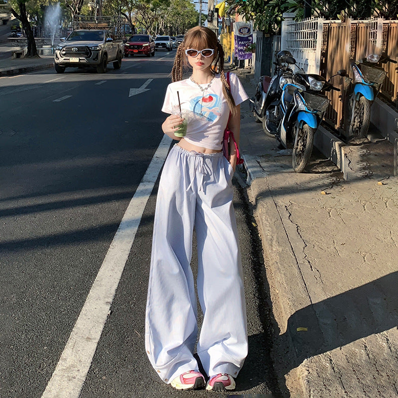 Retro Low Waist Lazy Style Drawstring Wide Leg Pants Women's Loose Slimming Spring New All-match Dumping Sports Casual Pants