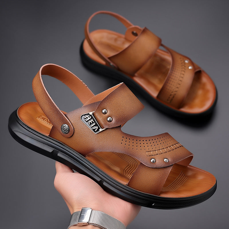 2025 New Genuine Leather Men's Sandals Summer Beach Shoes Sandals Two-Wear Trendy Soft Sole Men's Shoes Casual Non-Slip Shoes