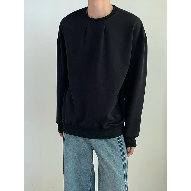 Early Autumn New Pleated Crewneck Long Sleeve Sweatshirt Korean-style Ins Casual Loose Pullover Men