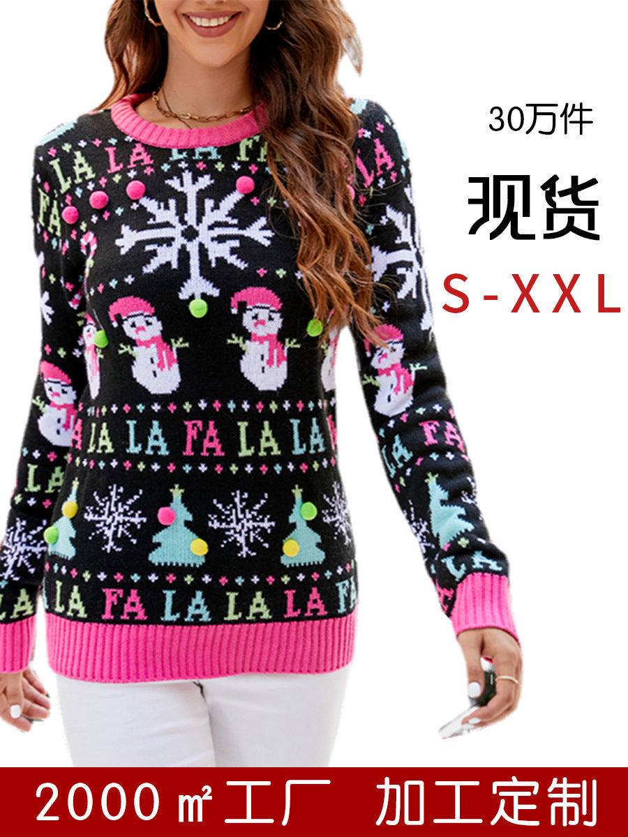 Amazon hot sale European and American heavy industry Christmas sweater women's autumn and winter New round neck snowman Jacquard knitted sweater