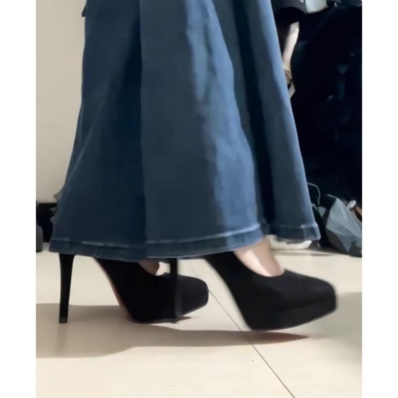 Formal Versatile Girl Suede Black Waterproof Platform Professional High Heels European and American Sexy Red Bottom Shallow High Heels for Women