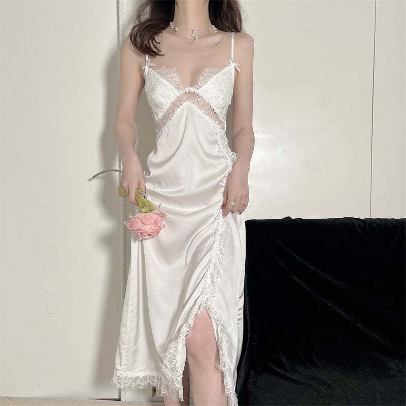 Pajamas Ice Silk Women's Autumn New Style Lace Hollow Sling Nightgown with Chest Pad Sexy Ice Silk Pajamas Extra Long
