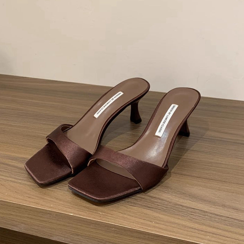 Beautiful One-Line Slippers for Women's Summer Outer Wear 2024 New Satin Brown Elegant Genuine Leather Stiletto Square Toe High Heels