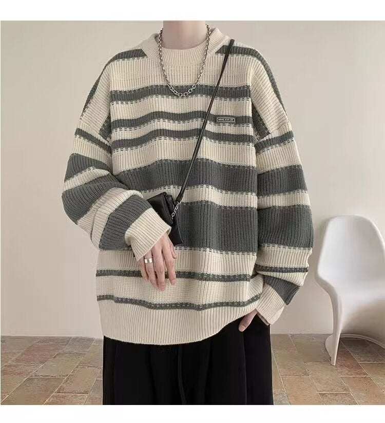 Autumn and Winter New Men's Sweater Loose Round Neck Striped Sweater Men's Fashionable Contrast Color Pullover Warm Top Clothes