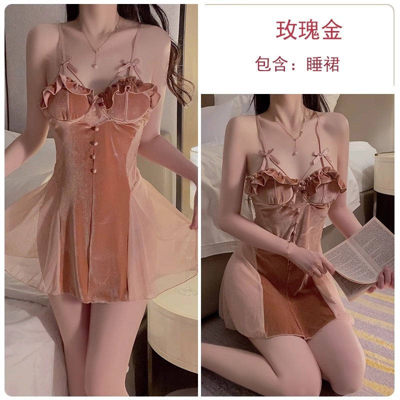 Sexy Pajamas Women's Spring and Autumn 2025 New Golden Velvet suit plus size Pure Want with Chest Pad Sling Nightgown Winter
