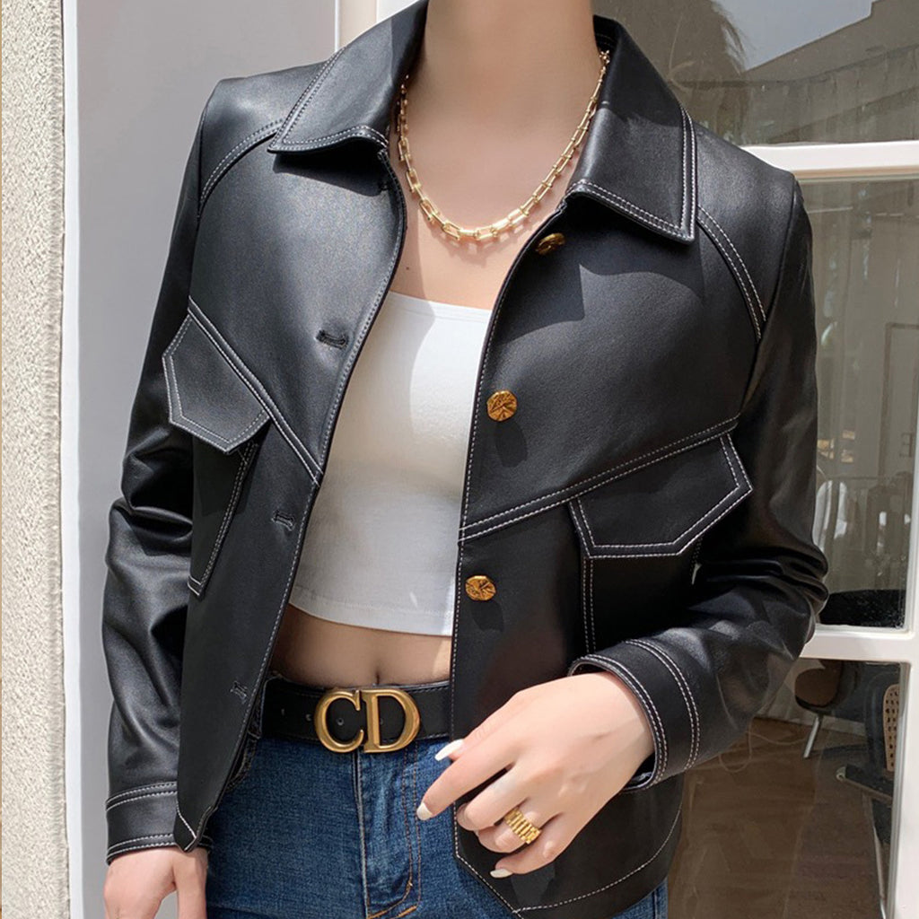 Haining Spring and Autumn New Leather Jacket Single Lined Leather Jacket Women's Short Slim Motorcycle Women's Short Leather Jacket C2707