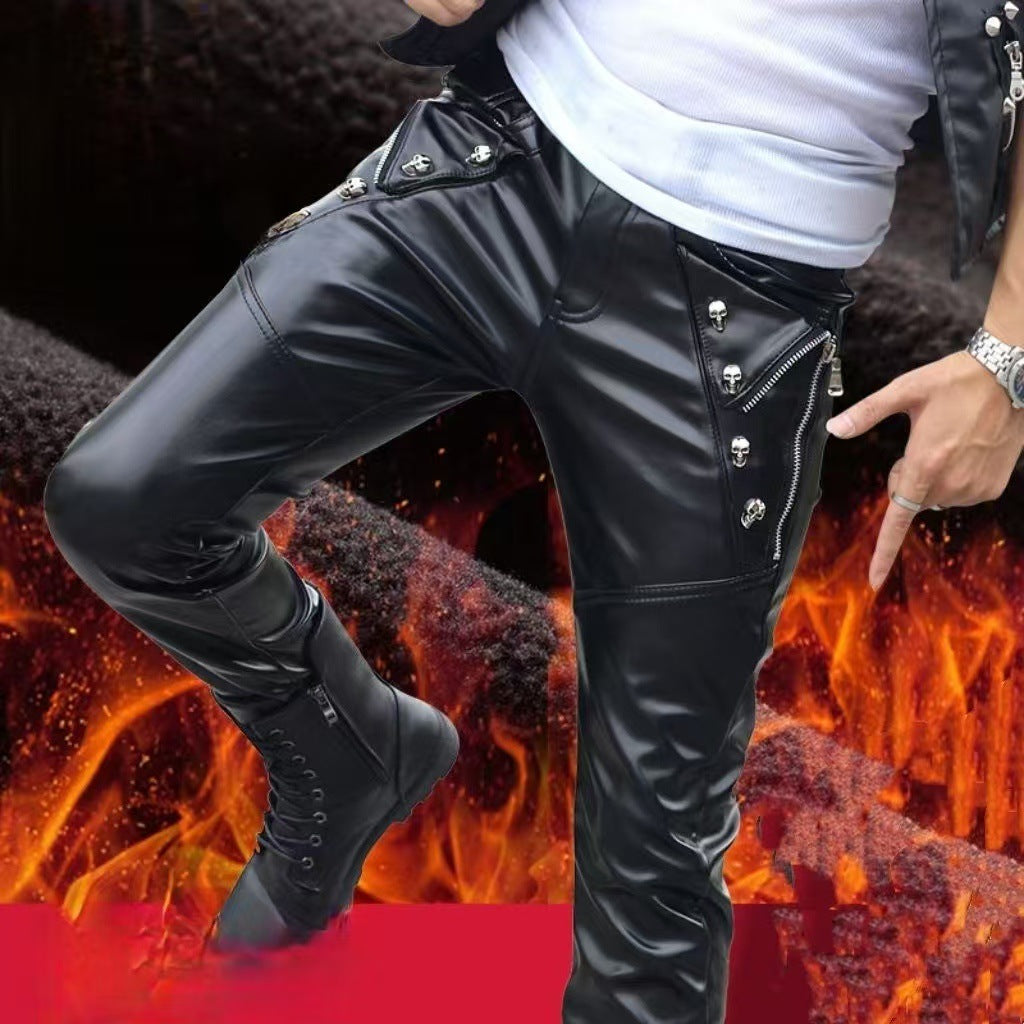 Men's Leather Pants Slim Fit Korean Style Youth Biker Leather Pants Skinny Pants Leather Pants Cross-Border Popular Version