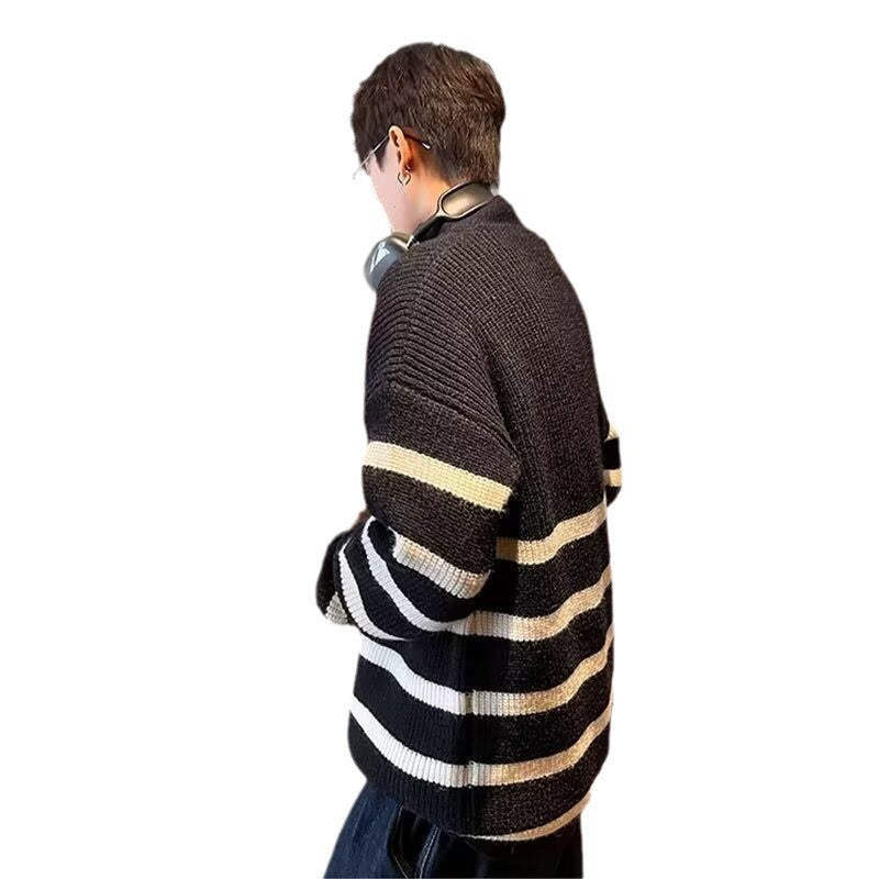 Half Zip Vertical Collar Sweater Men's 2024 Autumn and Winter Lazy Style Loose Striped Sweater Coat Sweater Trend