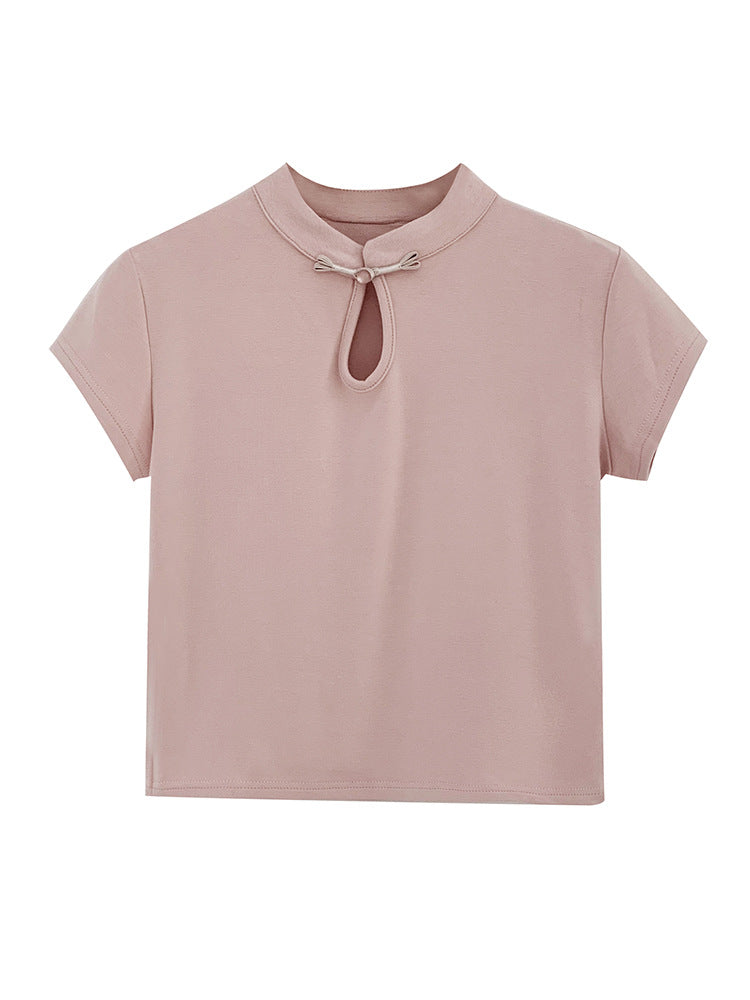 New Chinoiserie National Style Niche Chic Design Short-Sleeved T-Shirt for Women Summer 2025 New Stand-Up Collar Buttoned Short Top