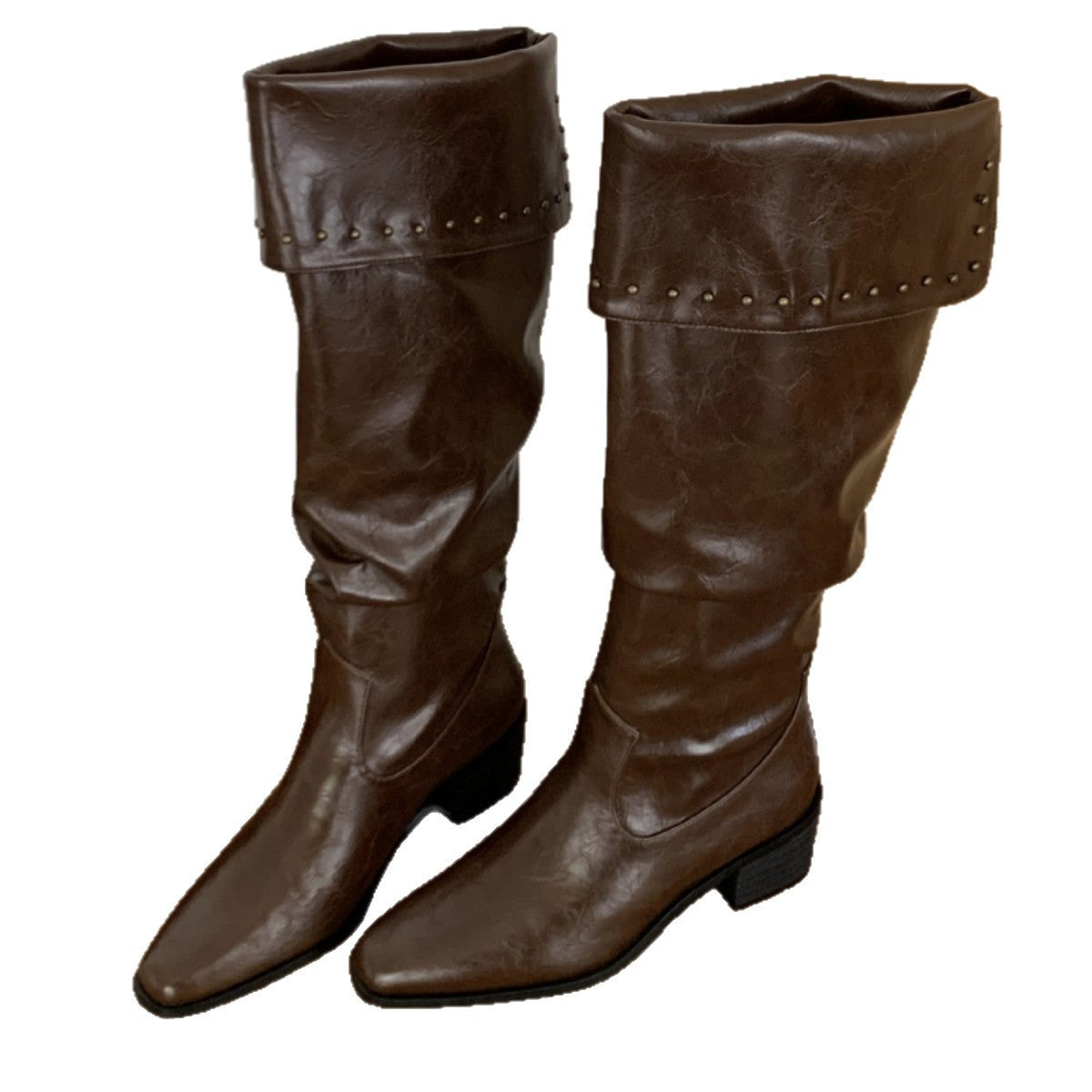 Original In-Stock 2025 Autumn and Winter Comfortable Mid-Heel Slouch Boots for Women, Chunky Heel, Square Toe, Black Over-The-Knee High Boots for Women