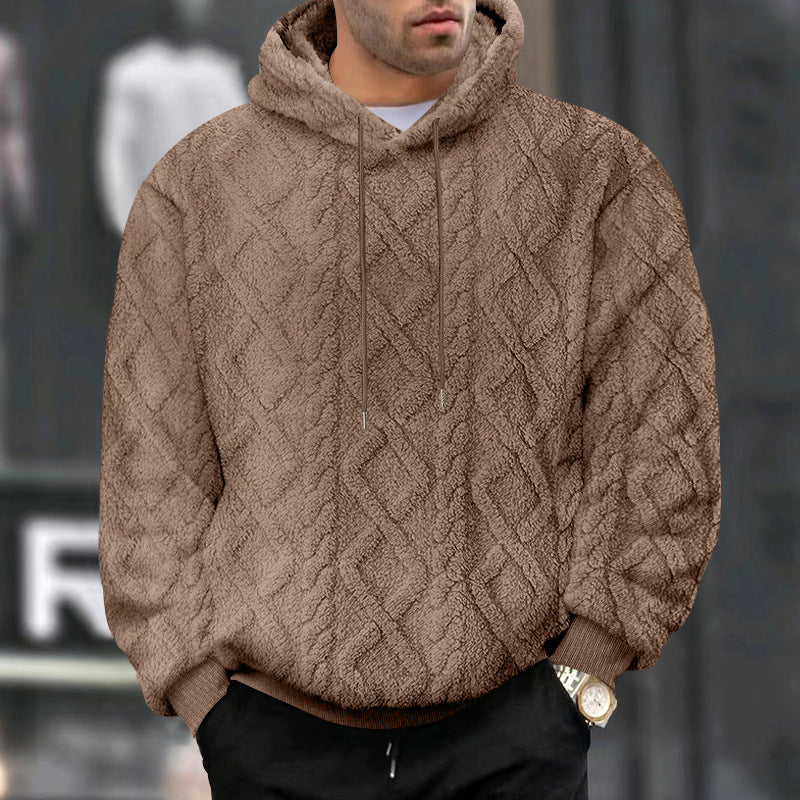Cross-Border American Style Autumn and Winter Sweatshirt for Men, Casual High Street Jacquard Diamond Double-Sided Fleece Loose Pullover Hooded Sweatshirt for Men