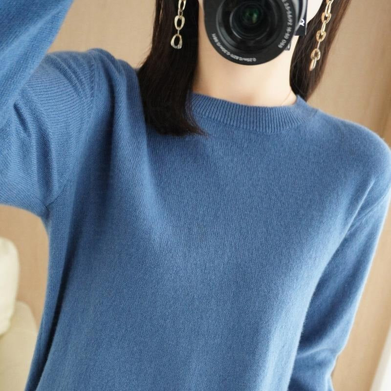 Autumn and Winter New Round Neck Sweater Women's Pullover Sweater Solid Color Long Sleeve Women's Thin Inner Short Base Shirt for Women