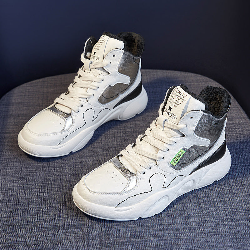 Genuine Leather High-Top Sneakers for Women 2025 Spring White Shoes for Women Korean Style Breathable Casual Sports Sneakers for Women Comfortable