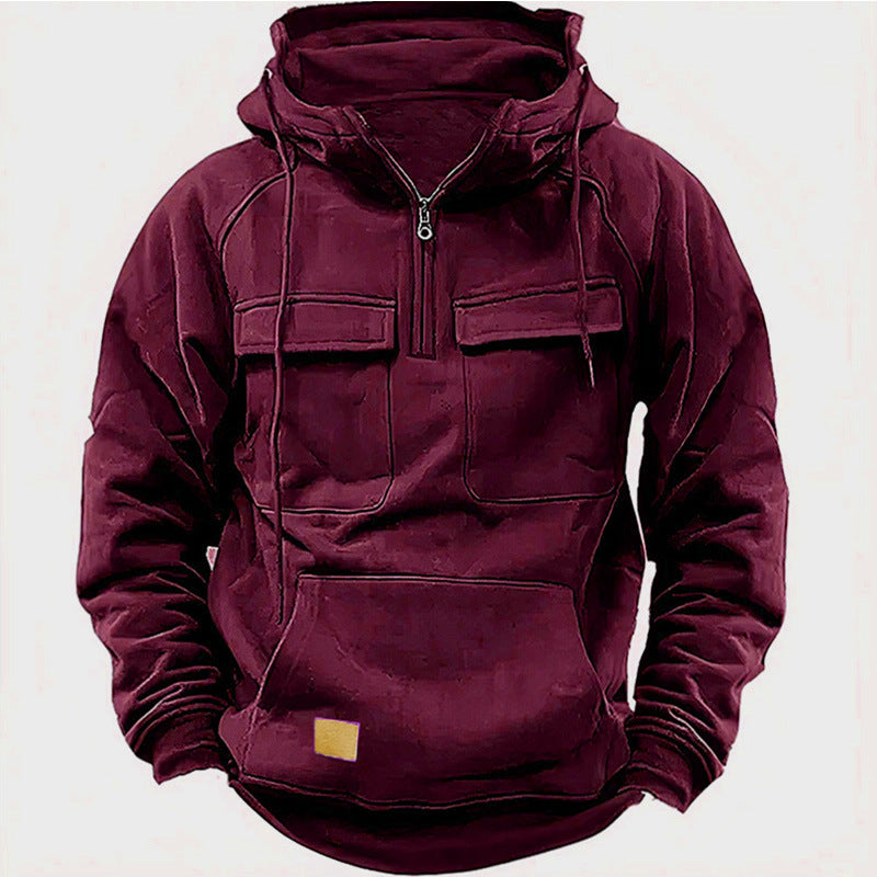 Cross-Border Men's Half-Zip Hooded Sweatshirt, Retro Workwear with Multiple Flap Pocket Pantss, Loose Casual Pullover Hoodie