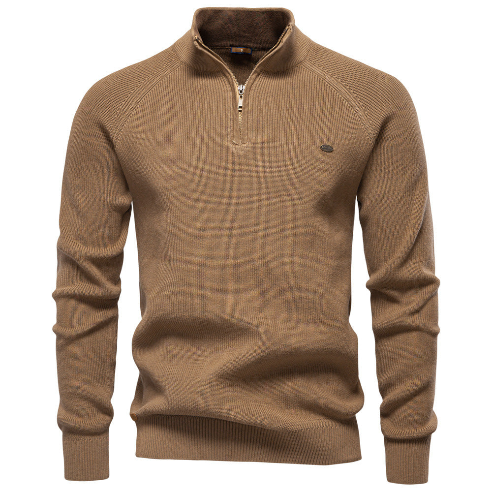 New Men's Long-Sleeve Autumn and Winter Versatile Stand Collar Casual Solid Color Sweater Half-Open Men's In-Stock Wholesale