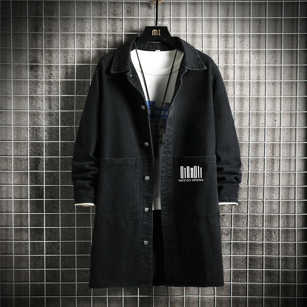 Men's Denim Trench Coat, Mid-Length, Autumn and Winter, Japanese Style, Trendy Brand, Plus Size, Vintage, Loose, Casual, Lapel Jacket