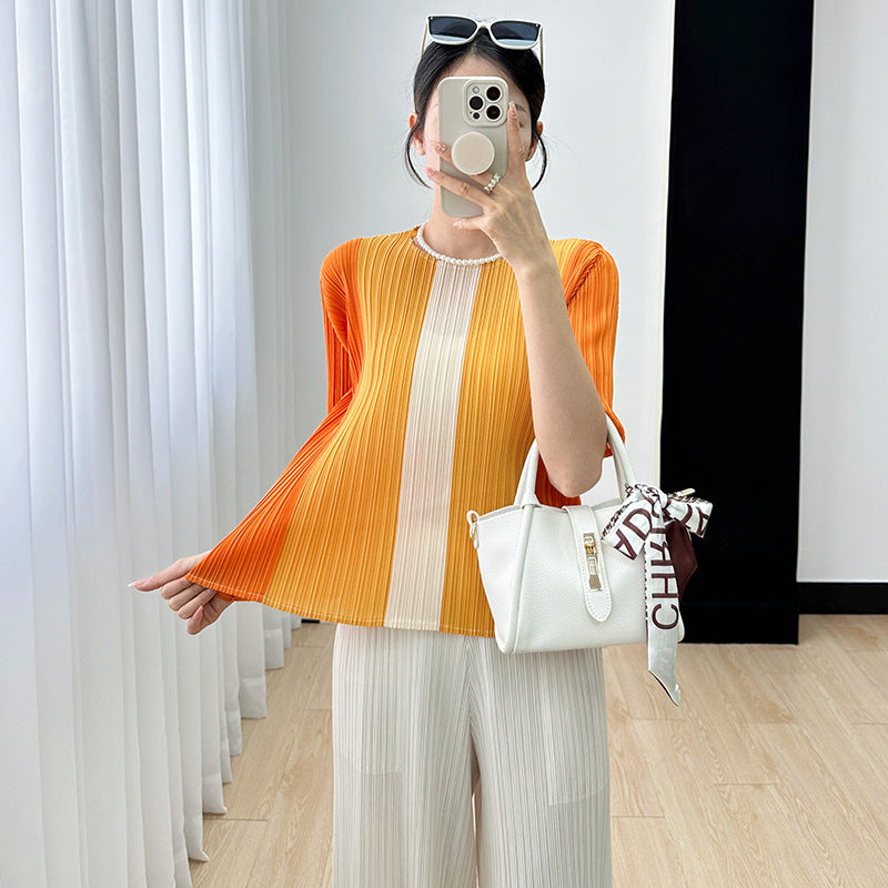 Sanzhai top for women 2023 Autumn New striped color matching straight slimming versatile pleated short sleeve t-shirt for women
