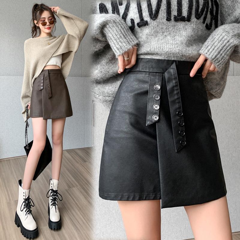 Women's Leather Skirt 2026 Autumn and Winter New Style Irregular High-Waisted Slimming Pu Leather Skirt Versatile with Built-In Shorts