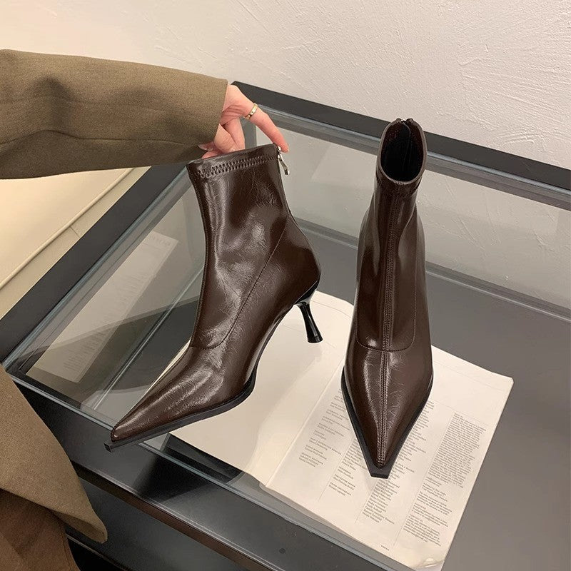 High-Heeled Pointed-Toe Short Boots for Women with Stiletto Heels and Back Zippers 2025 New Autumn and Winter Black Patent Leather High-End Slim Boots