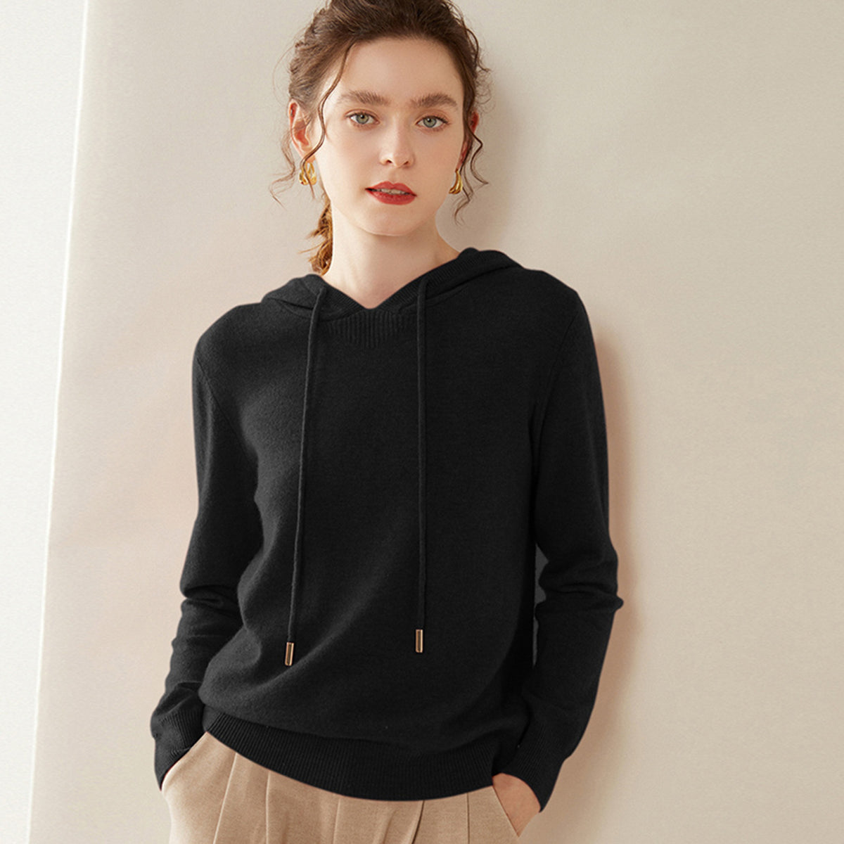 Light Luxury Solid Color 100% Pure Cashmere Hoodie for Women, Versatile for Commuting, Loose Knit Base Hoodie, Loose Fit