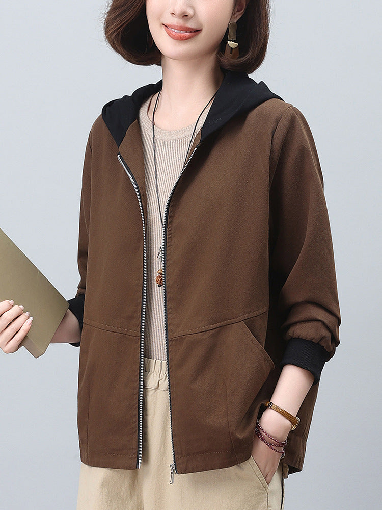 Hooded Jacket for Petite Women, Versatile for Plus-Size, Slimming for Middle-Aged Moms, Casual Cardigan Sweatshirt, Plus-Size Women's Clothing