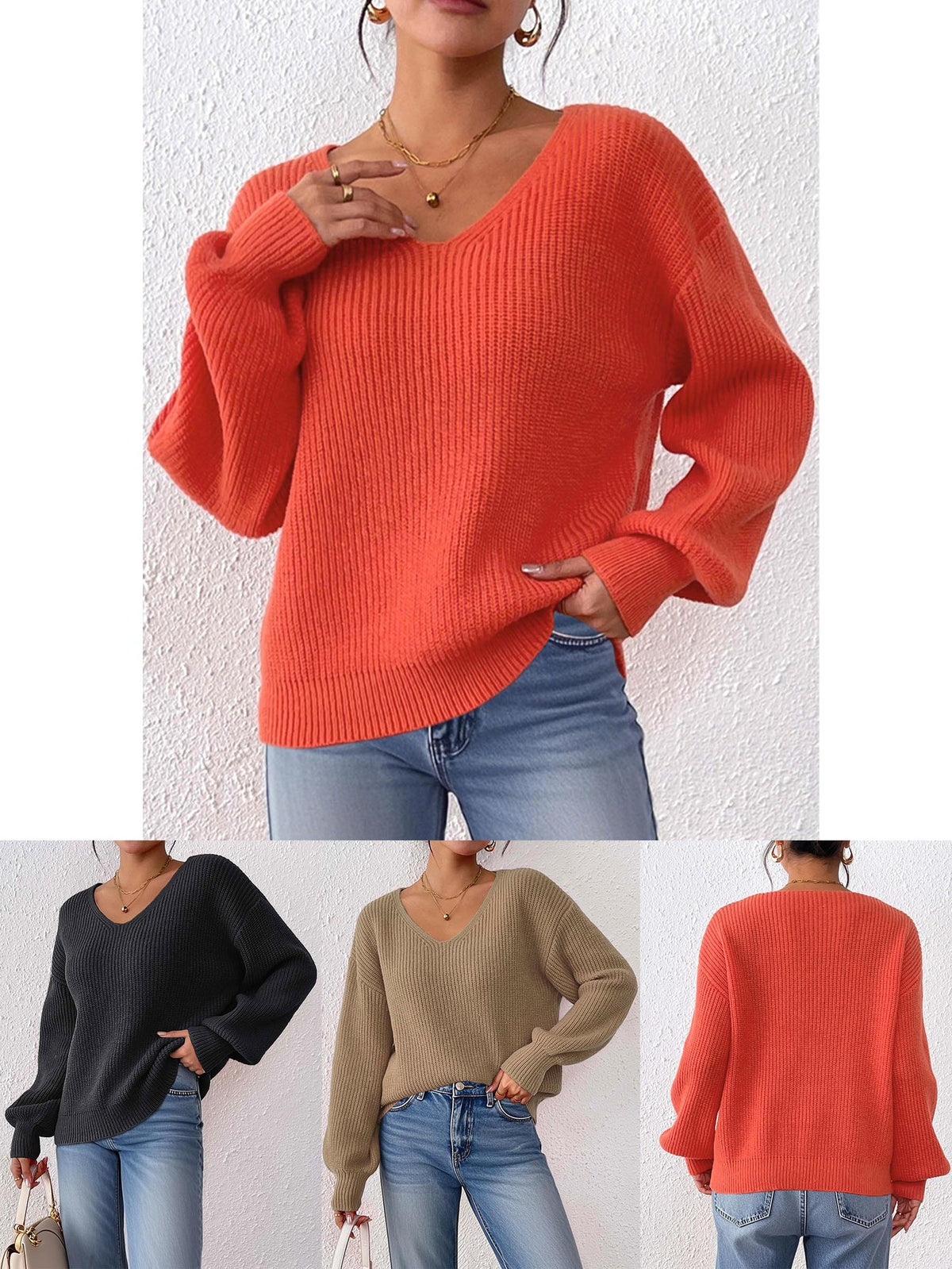 European and American Women's Clothing Cross-Border Sweaters Autumn and Winter V-Neck Casual Pullover Tops Women's Knitted Loose Sweaters Wholesale