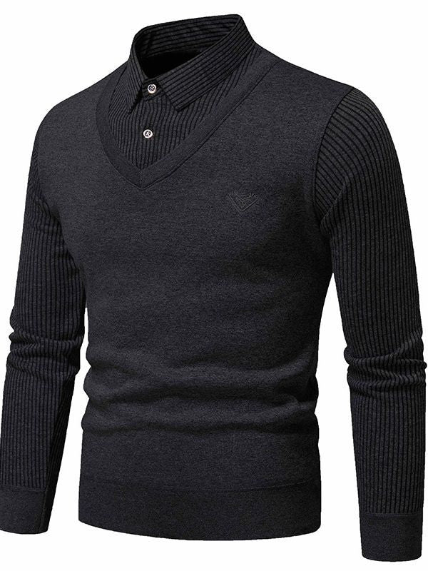Foreign trade winter men's sweater sweater bottoming shirt fleece-lined fake two-piece shirt collar thickened warm cotton sweater men