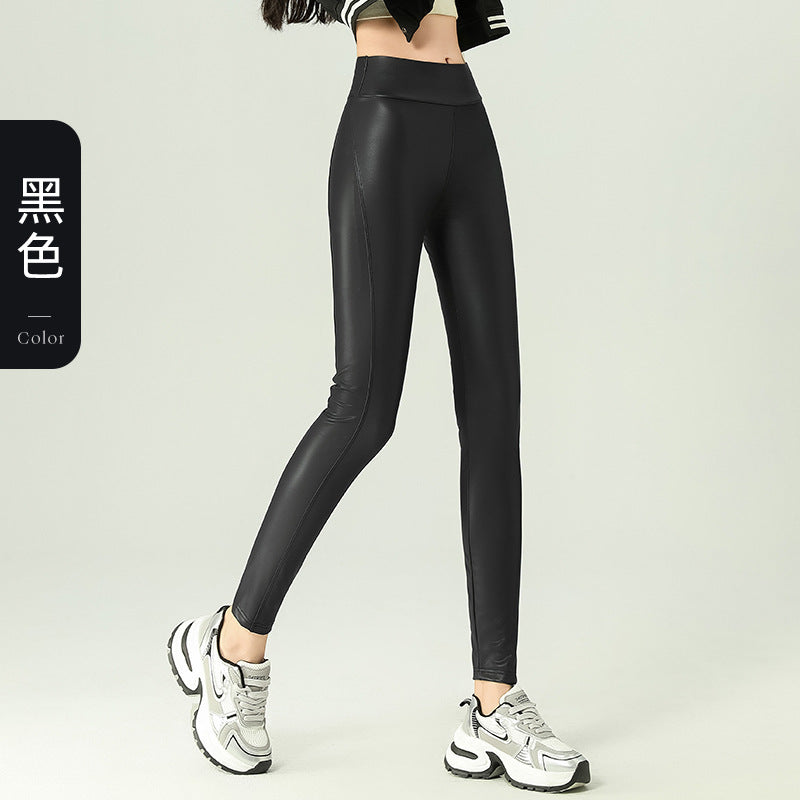 Leather Pants Women's Tight 2024 New High Waist Thin Cropped Pants fleece-lined Leather Matte Leggings Outer Wear Long Pants