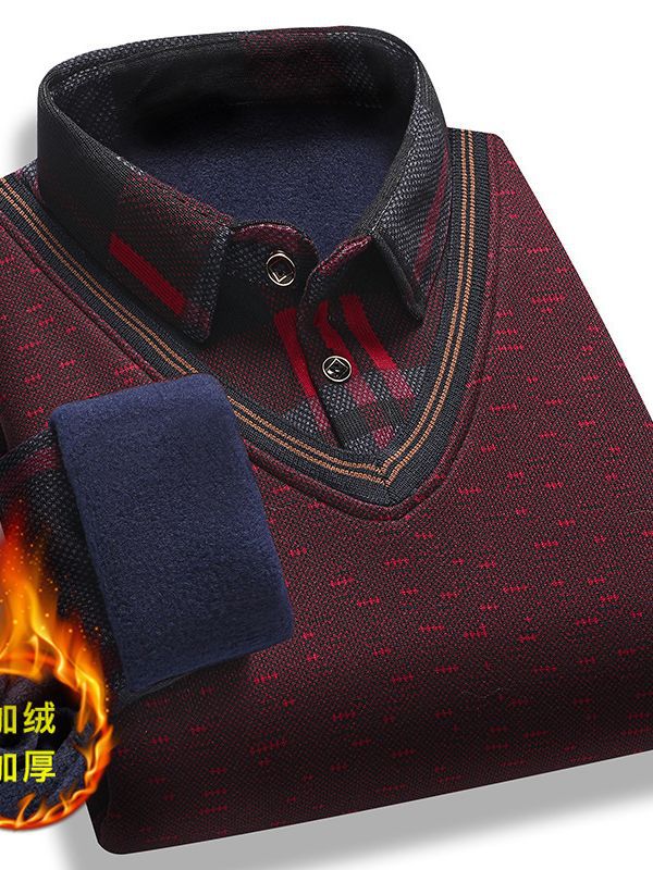 Autumn and Winter middle-aged and elderly fake two-piece sweater men's dad wear fleece-lined thickened slim shirt collar warm sweater