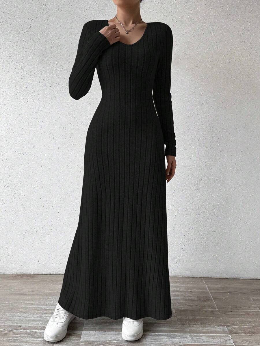 Slim Fashion Women's Knitted Pure Color Long-Sleeved A-Line Street Long Skirt for Women