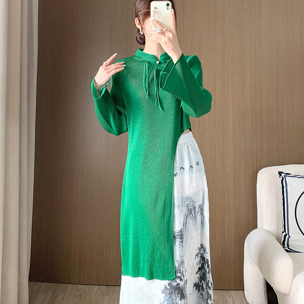 New Chinoiserie Tops for Women, Retro National Style Women's Clothing, Spring New Asymmetrical Pleated T-Shirts, Women's T-Shirts, Long-Sleeved Shirts