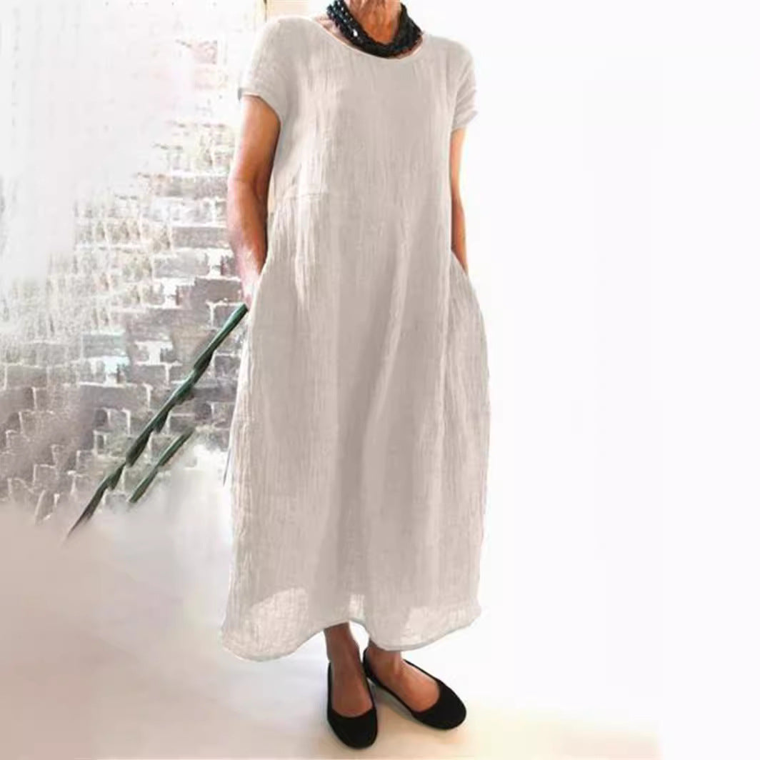 cross-border European and American dress new Chinese style loose solid color large size cotton and linen dress