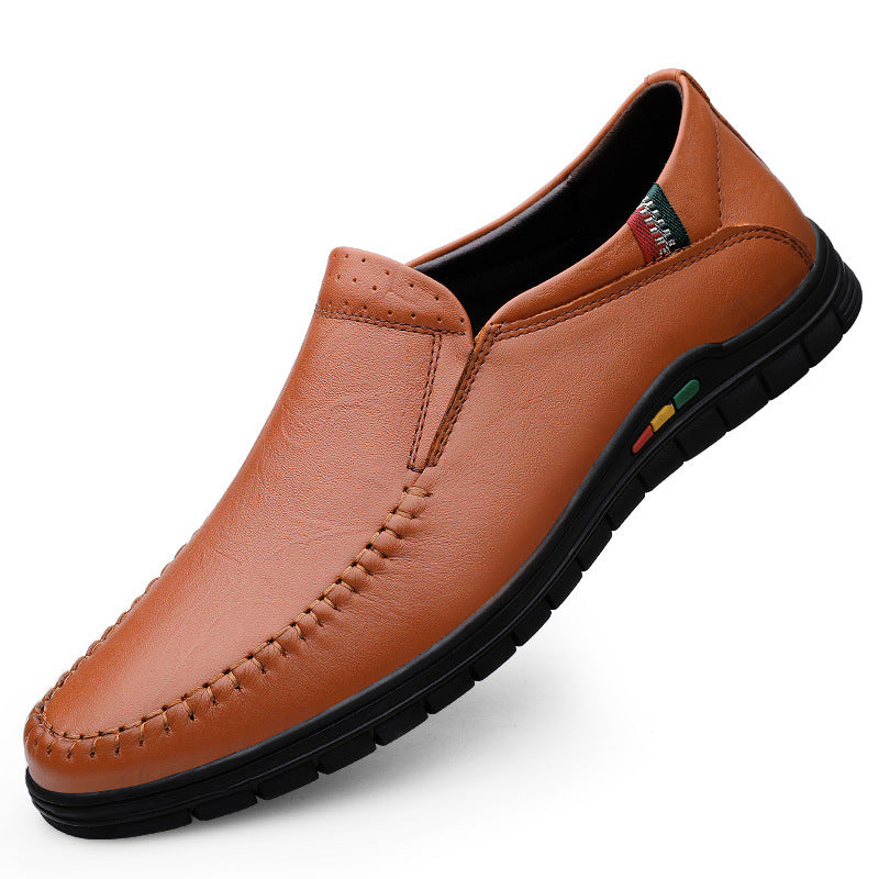 2025 Autumn Men's Slip-On Business Loafers Toe Layer Cowhide Soft Leather Plaid Work Black Leather Shoes
