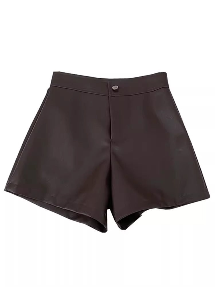 Brown Leather Shorts for Women 2023 New Autumn and Winter High-Waisted Slimming Look Loose A-Line Pants for Small People Pu Leather Outer Boot Pants