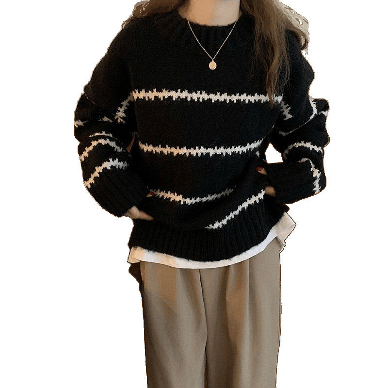 Vintage Japanese-Style Lazy Loose Sweater for Women, Thickened Autumn and Winter New Long-Sleeve Striped Half-High Collar Knitwear