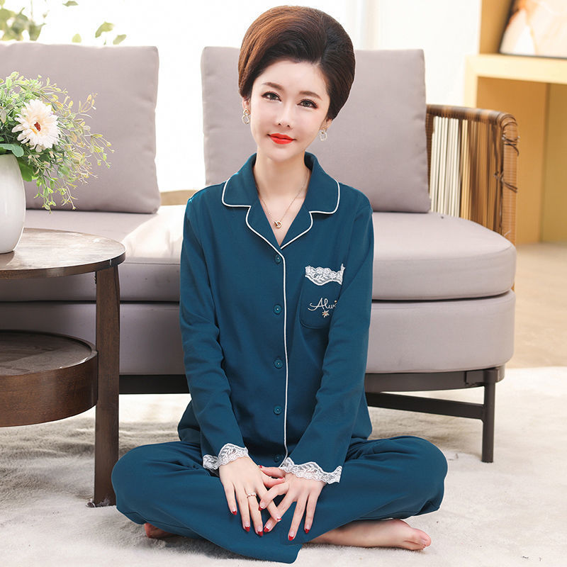 Middle-aged women's 100 cotton pajamas women's summer long-sleeved pajamas middle-aged and elderly mother's home clothes thin suit