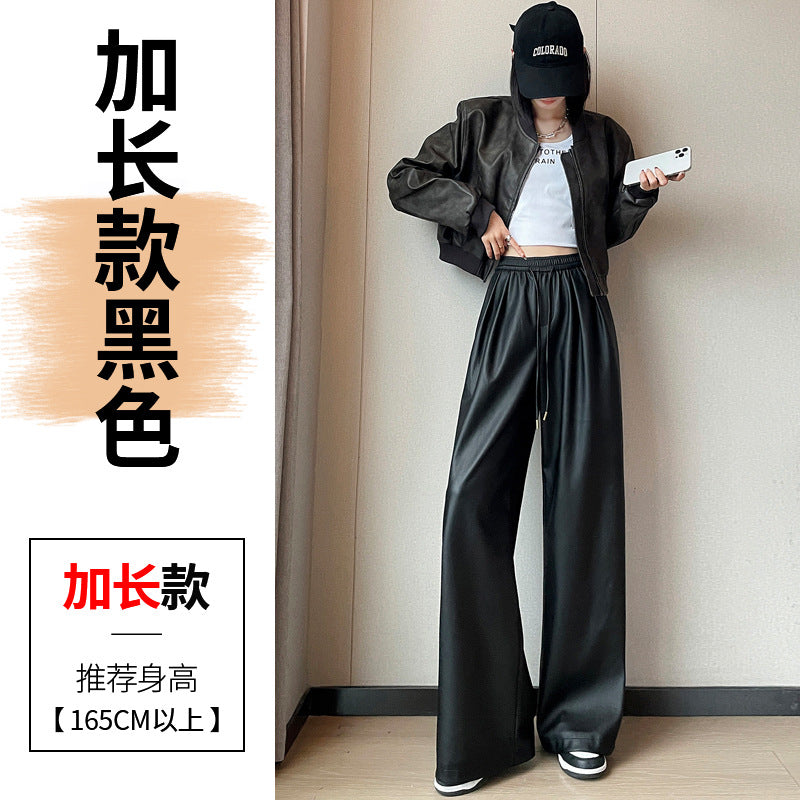 Real shot in stock leather pants women 2024 autumn and winter new fleece-lined PU leather soft leather floor wide leg pants high waist casual pants