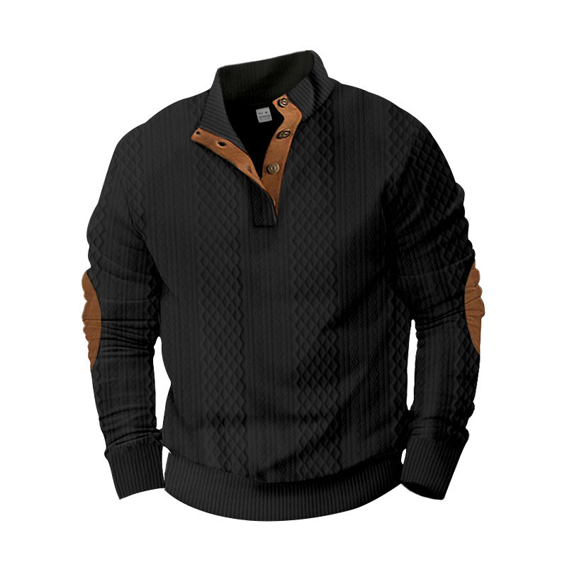 Cross-Border European and American Spring and Autumn Men's Sweatshirts with Half-Zip, Casual Jacquard Stand Collar, Long Sleeves, Patch Design, Versatile