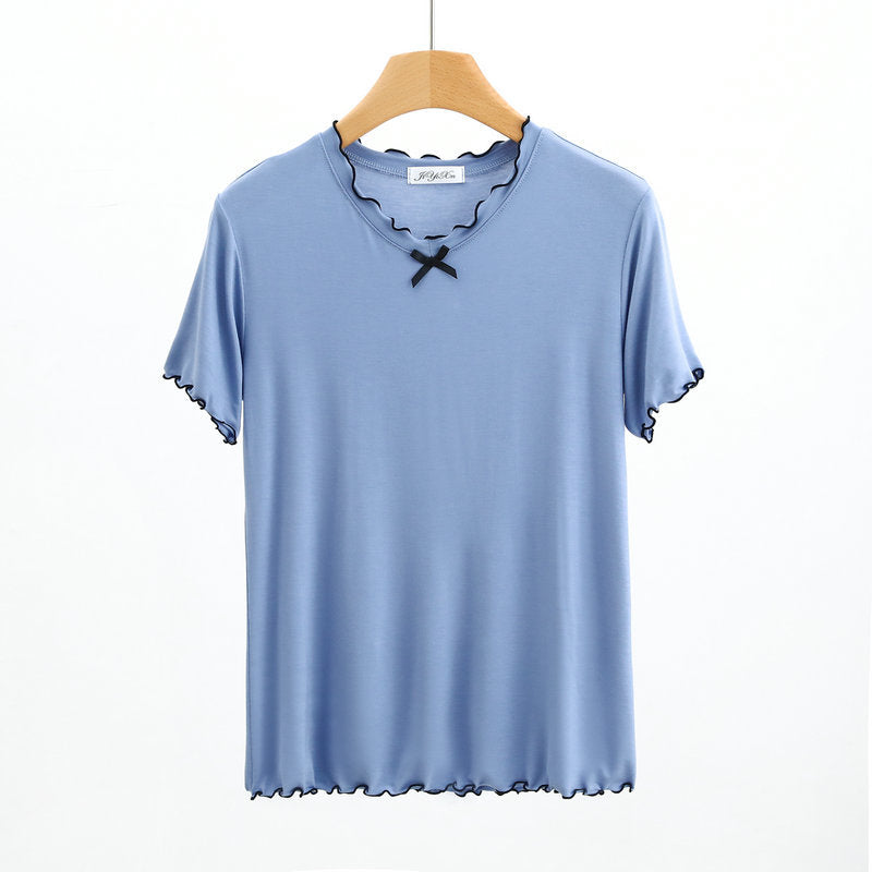 Spring and Summer 2023 New Modal Cotton Pajamas Women's Summer Short-sleeved Flex V-neck Bow Thin Age-reducing Top