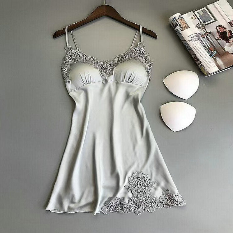 Sexy Suspender Skirt with Breast Pad Pajamas for Women Summer Women's Silk Suspender Pajamas Lace Large Size Home Dress