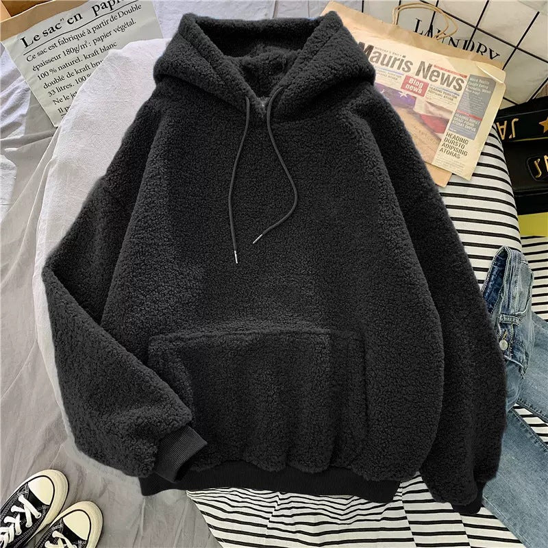 Cross-border Lambskin Sweater Women's Korean-style Fashionable Student Loose Bf Style Autumn and Winter fleece-lined Thickened Hoodie Top Coat