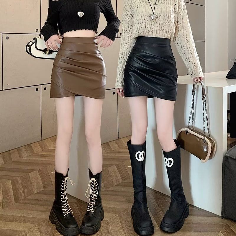 Black Leather Skirt for Women Summer New Large Size Fat Pleated Skirt Anti-Exposure Hip Skirt Short Skirt