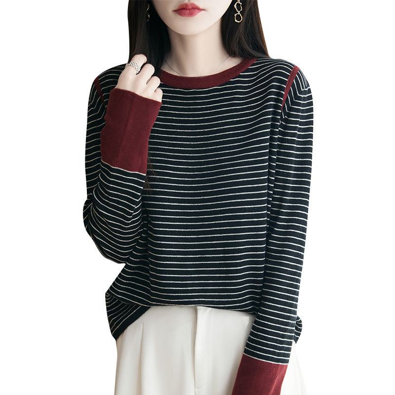 French-Style Color-Block Striped Fine-Knit Wool Sweater for Women, 2025 New Model, Loose Fit, Slimming, Long-Sleeve, Warm Base Layer Sweater
